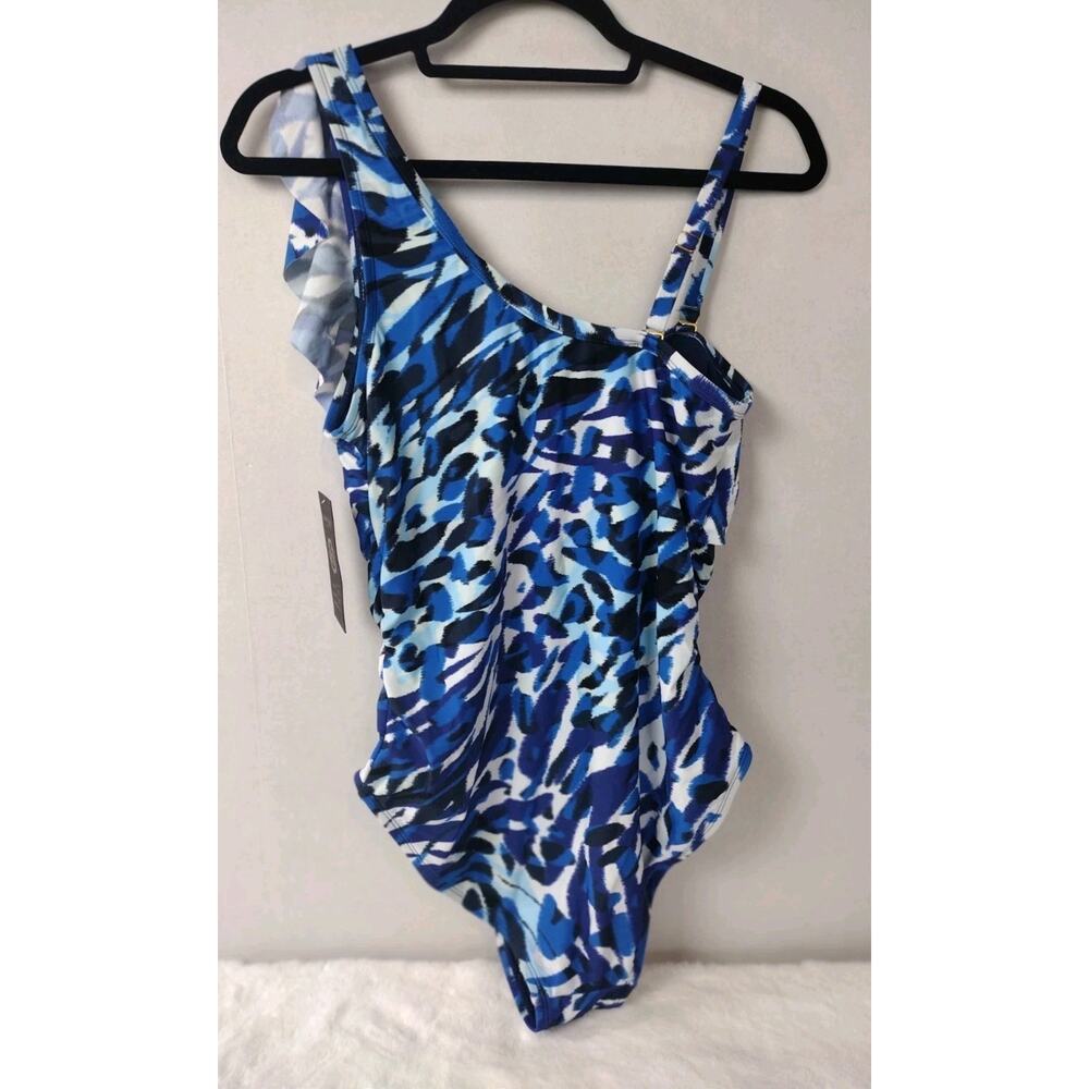 Kathy Ireland Blue Swimsuit One Shoulder Ruffle Size 12 NWTS - Picture 2 of 6